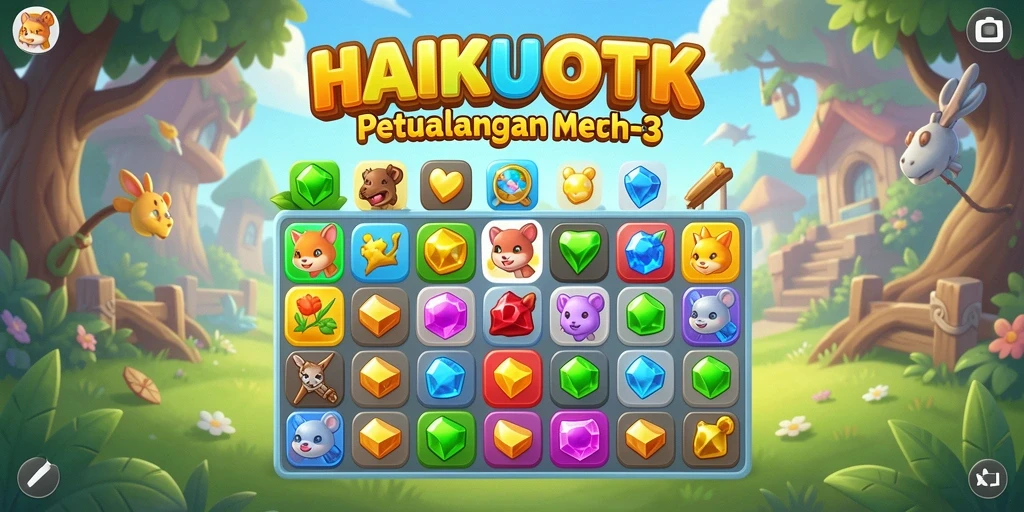 Tampilan gameplay HAIKUOTK dengan berbagai elemen warna-warni.