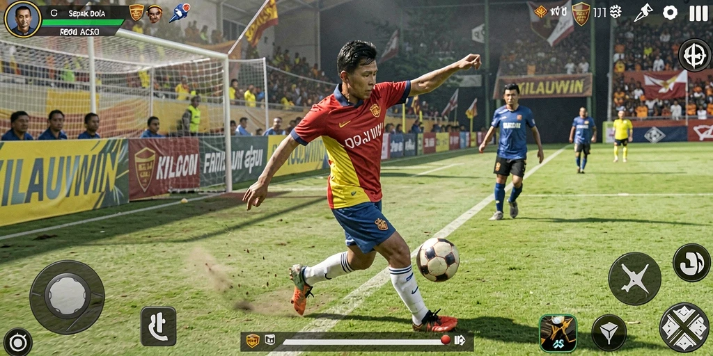 Tampilan gameplay seru di KILAUWIN dengan aksi sepak bola yang cepat.