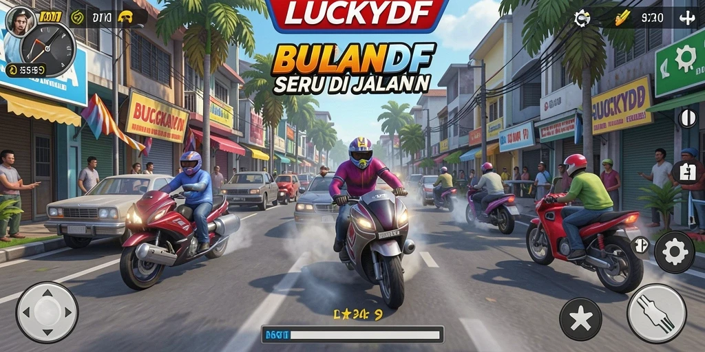 Gameplay seru LUCKYDF dengan mobil balap yang cepat.