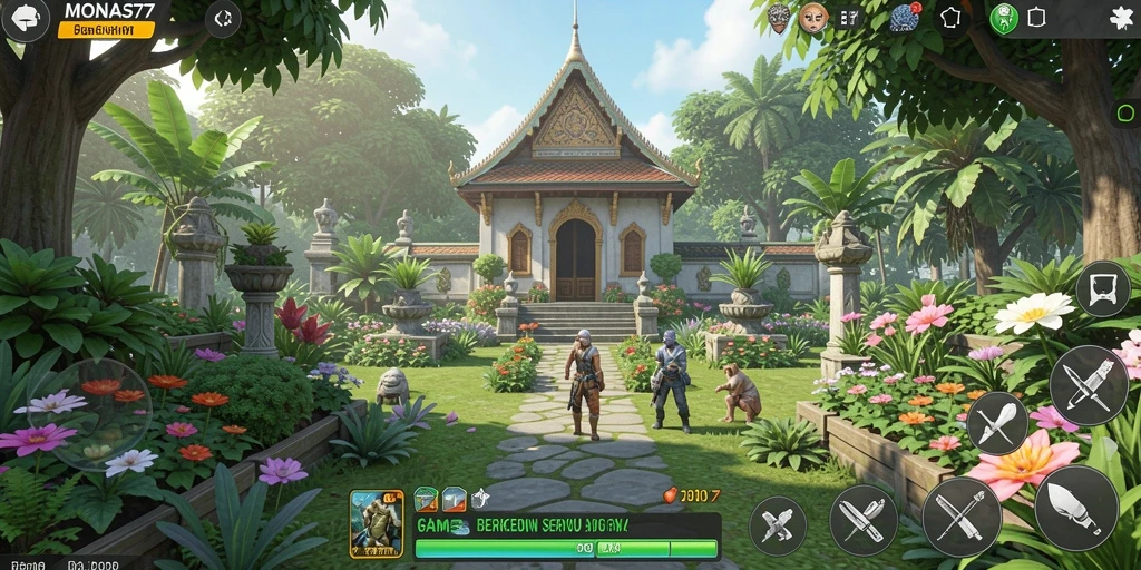 Tampilan gameplay MONAS77 dengan suasana kebun yang asri.