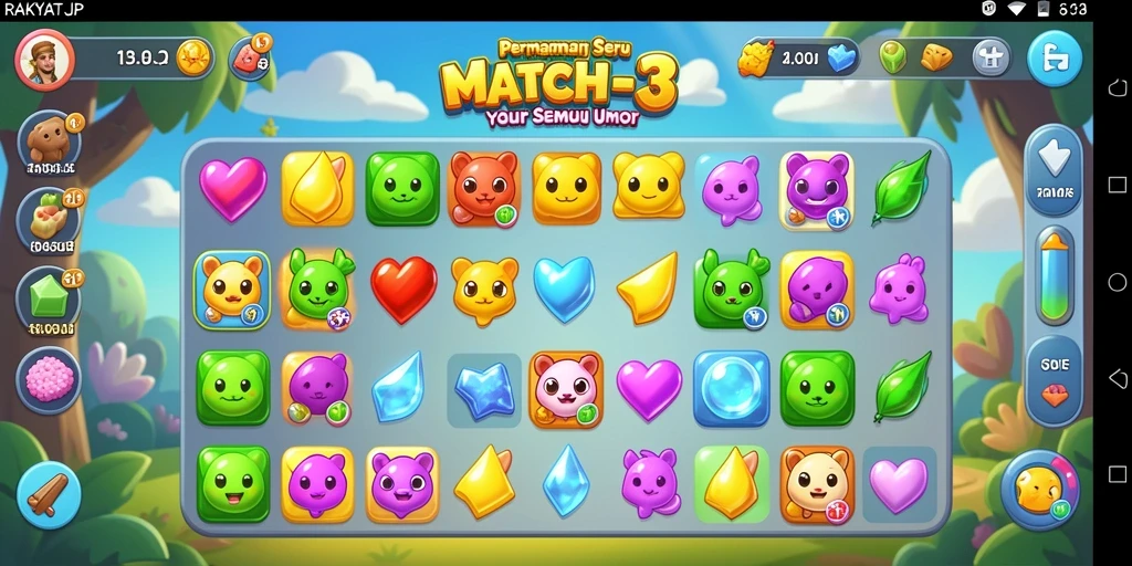Screenshot utama RAKYATJP menampilkan gameplay Match-3 yang seru dan penuh warna.